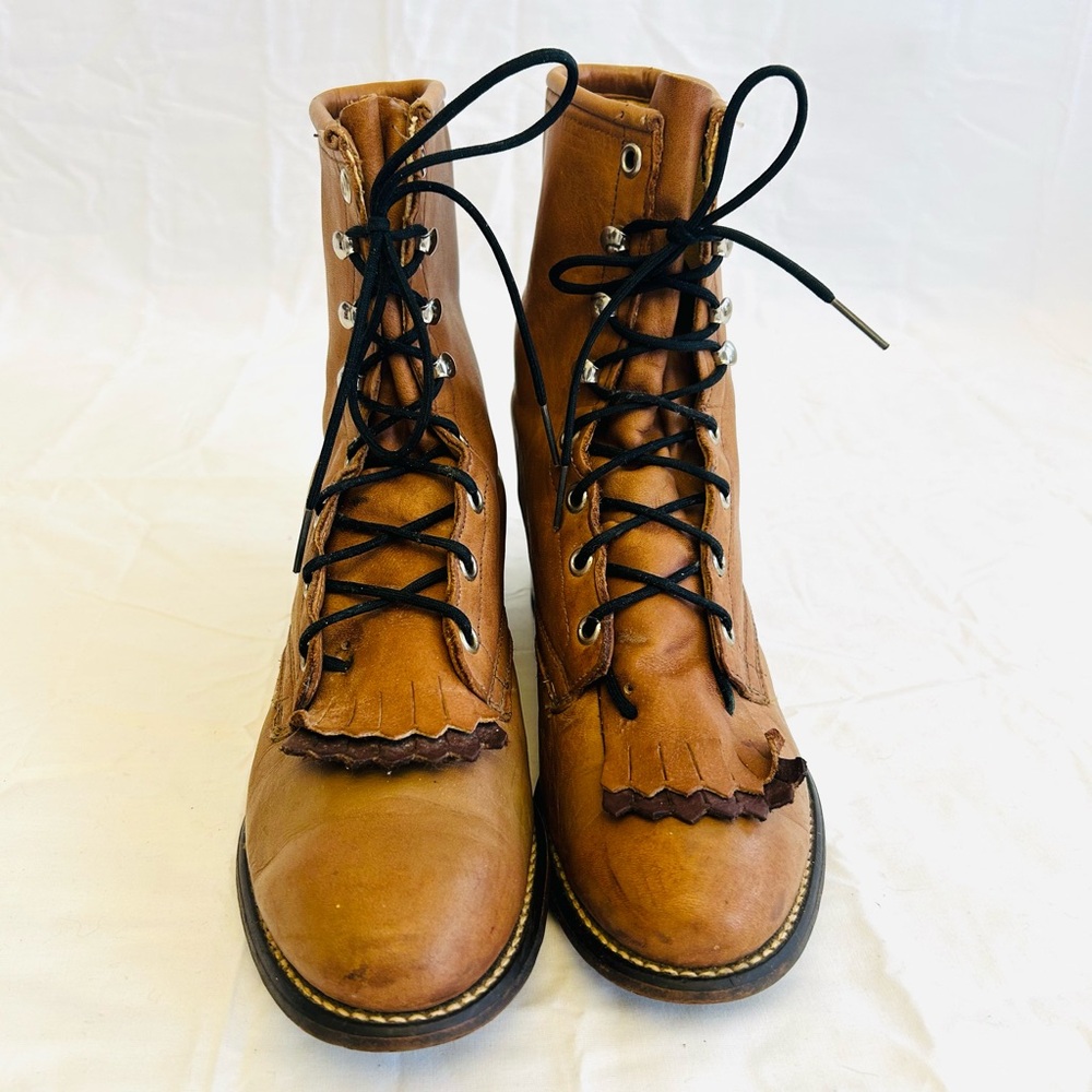 Laredo Tan Lace-Up Leather Roper Boots - Picture 4 of 16